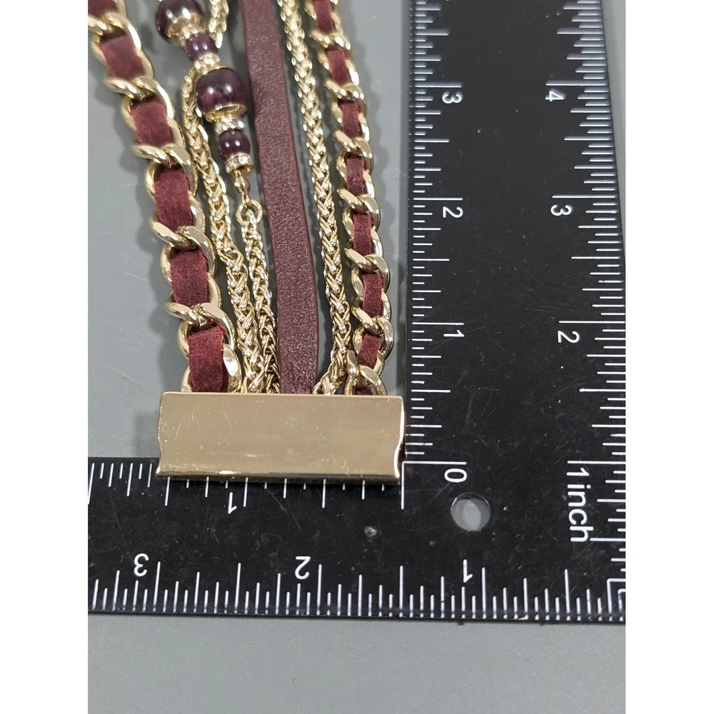 Wide Brown Faux Leather Multi Chain Bracelet Gold‎ Tone Boho Western 7.5